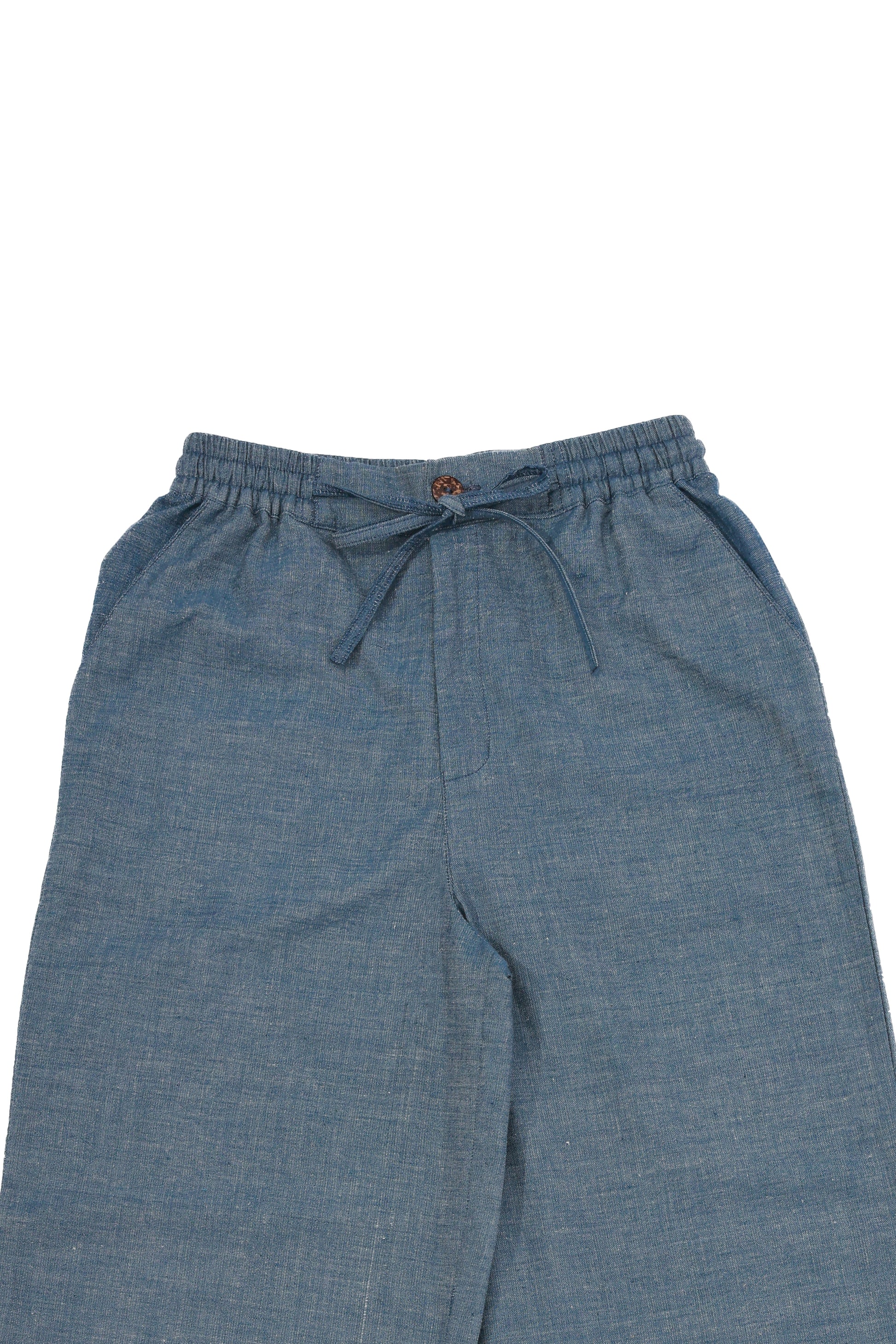 Plains Design Billie Denim Pants – waistband with a drawstring of handwoven denim wide-leg pants, sustainable fashion India