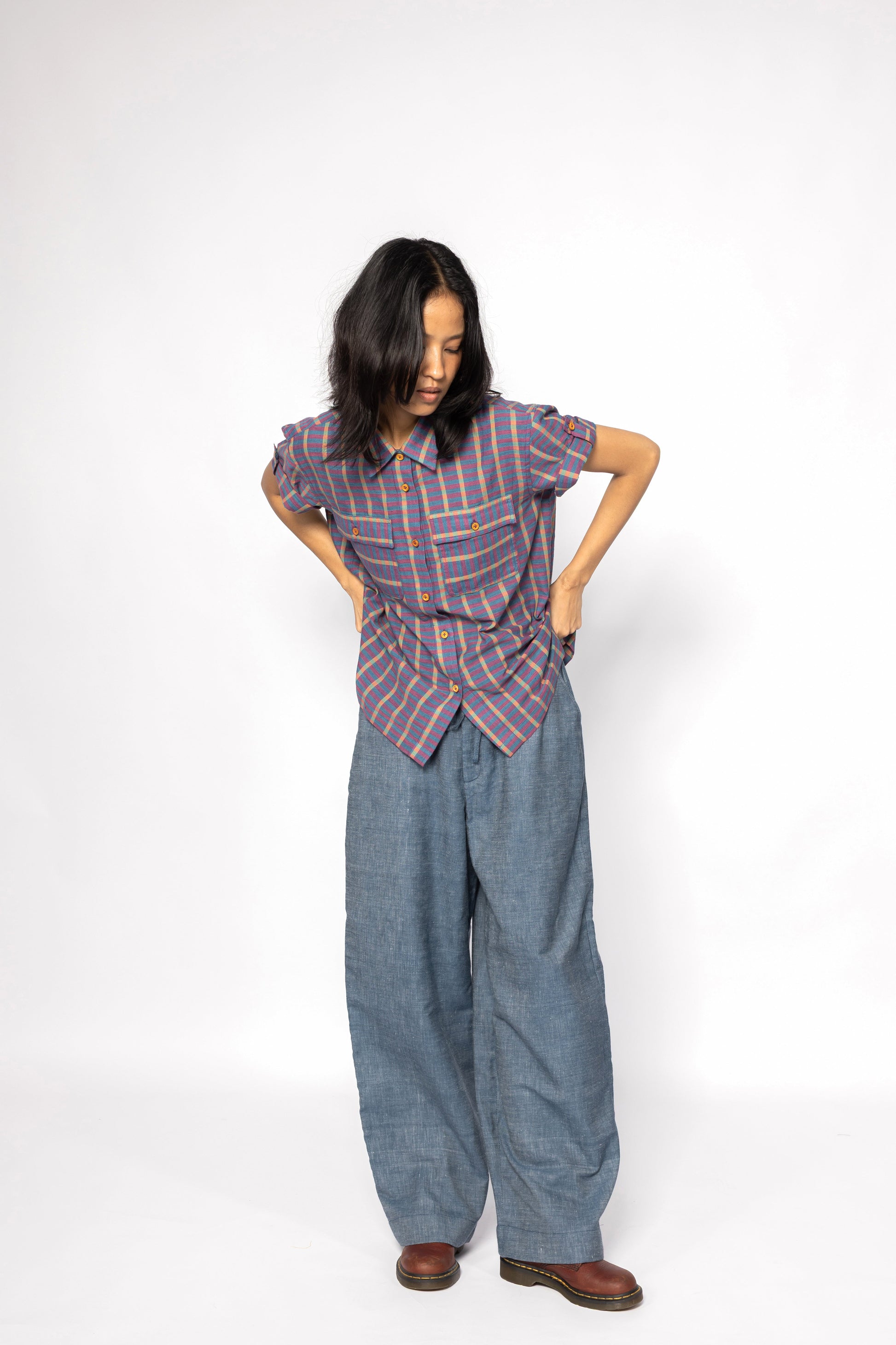 Plains Design Billie Denim Pants – waistband and side pocket detail of handwoven denim wide-leg pants, sustainable fashion India