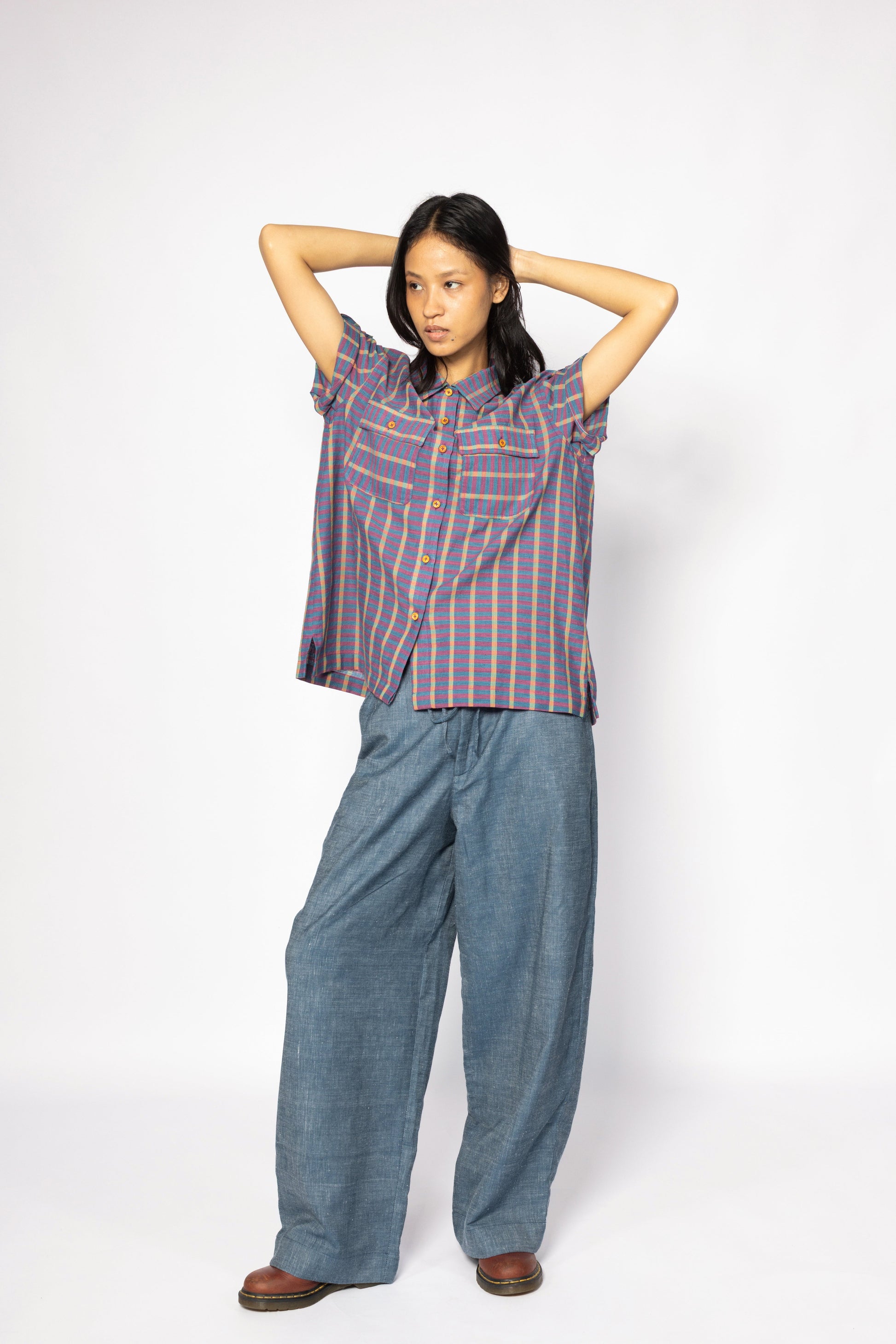 Plains Design Billie Denim Pants – full-length view of wide-leg handwoven cotton denim pants, relaxed silhouette, ethical slow fashion from India