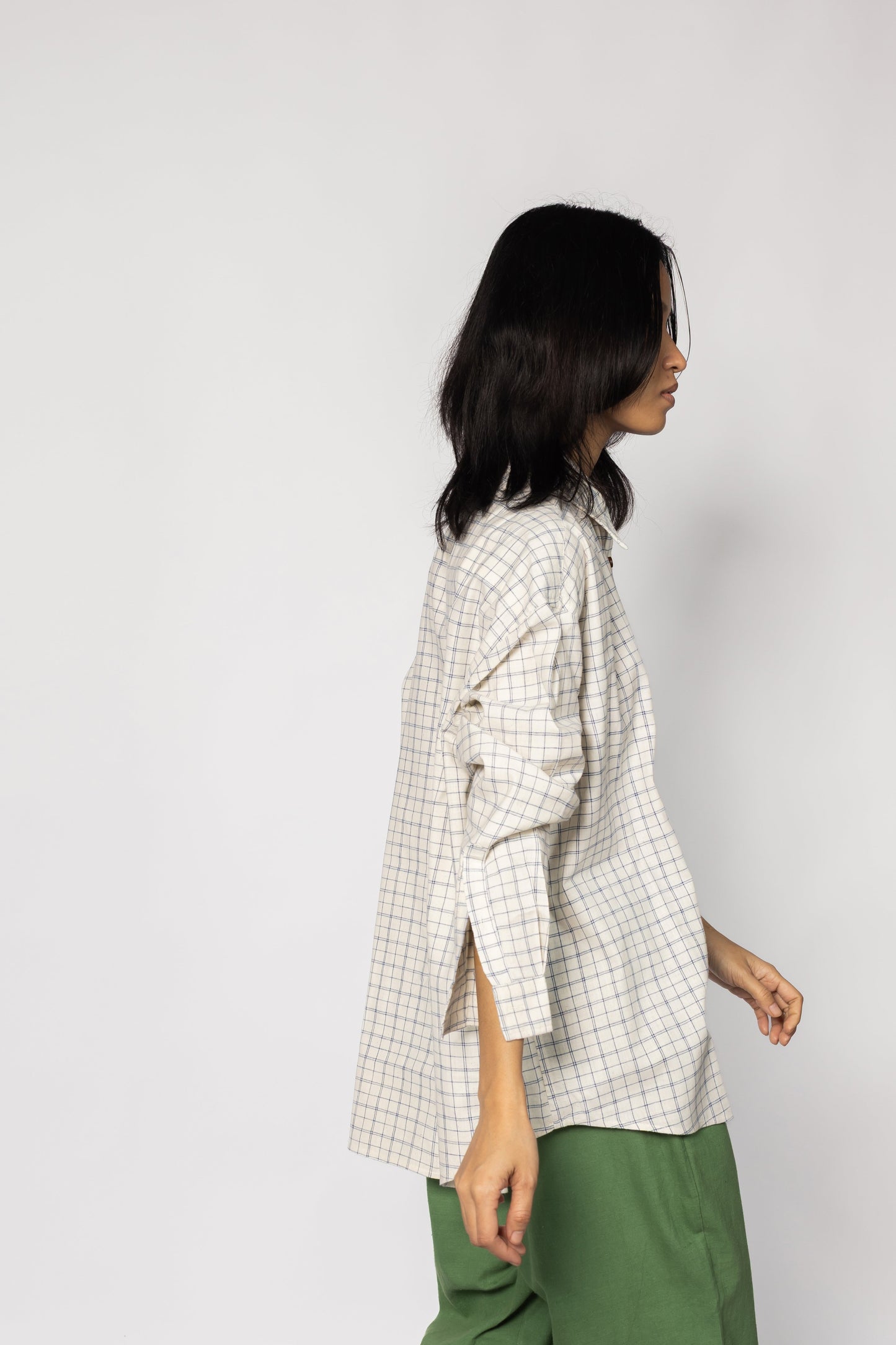Plains Design Letter Shirt – full length front view, handwoven cotton check shirt styled with sage green wide leg pants